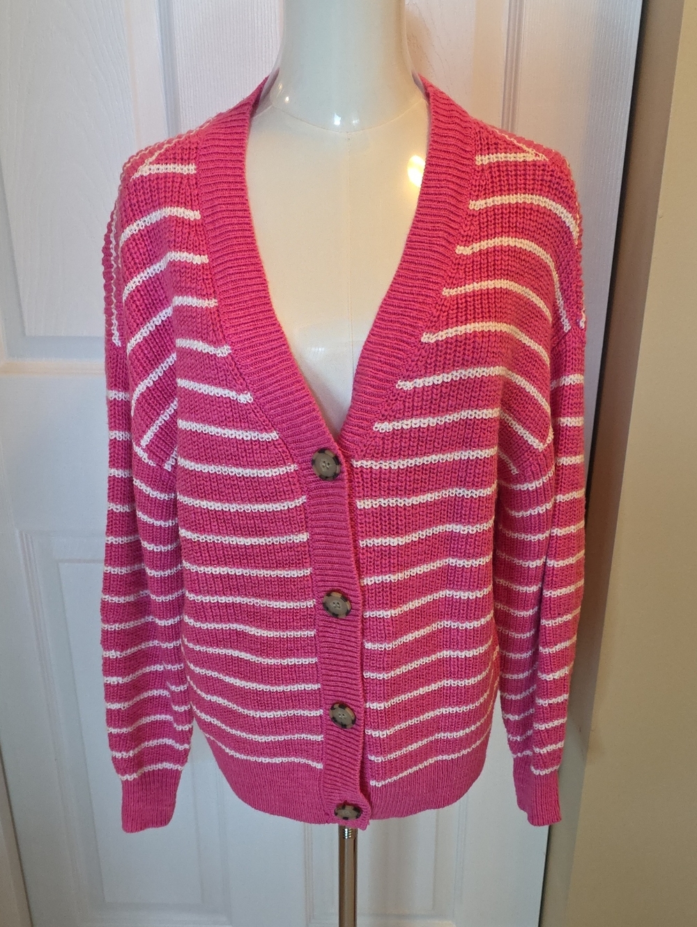 NWOT LOFT Pink and White Striped V-Neck Button Cardigan